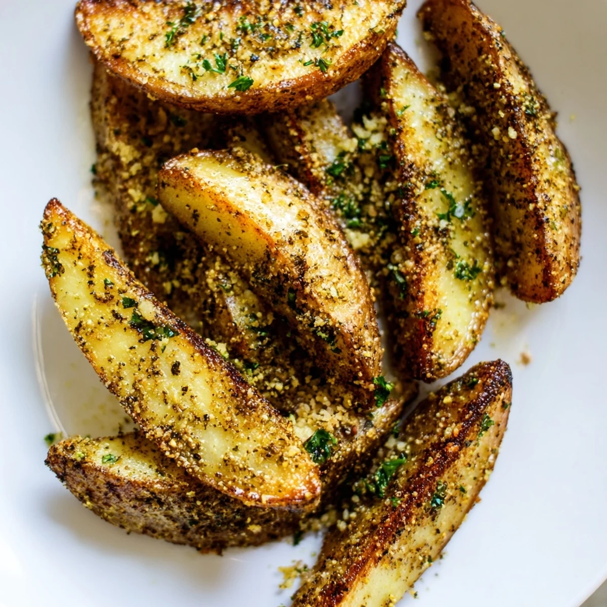 Golden-brown crispy Lemon Potato Wedges arranged on a baking sheet with fresh parsley and lemon wedges, ready to serve as a Mediterranean side dish.