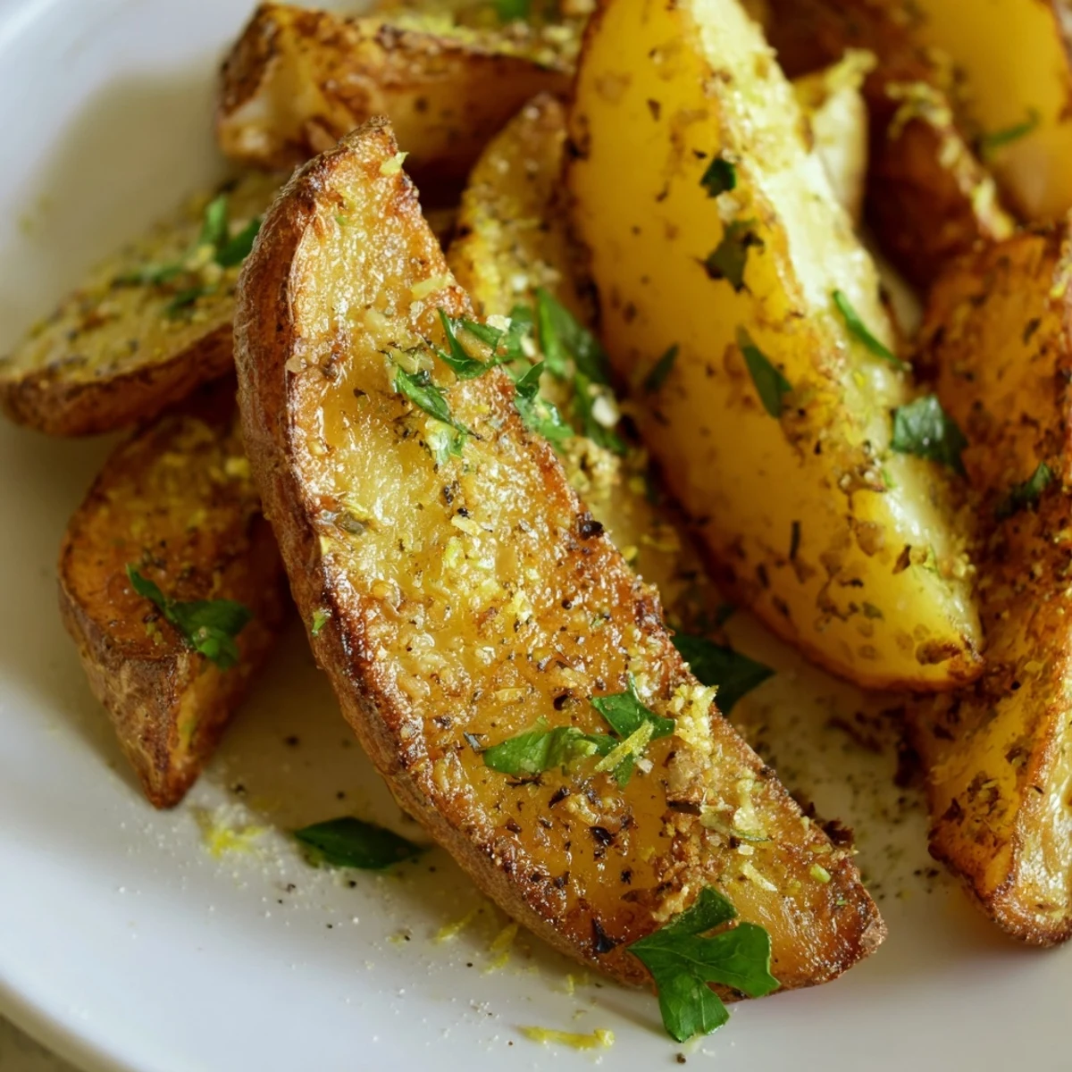 Freshly baked Lemon Potato Wedges seasoned with garlic and herbs, steaming alongside a small bowl of creamy tzatziki for dipping.