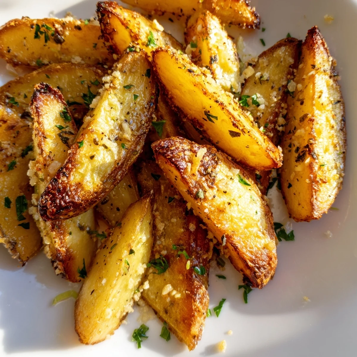 Vibrant Lemon Potato Wedges garnished with chopped parsley and lemon zest, served on a rustic plate for an easy vegetarian dinner.