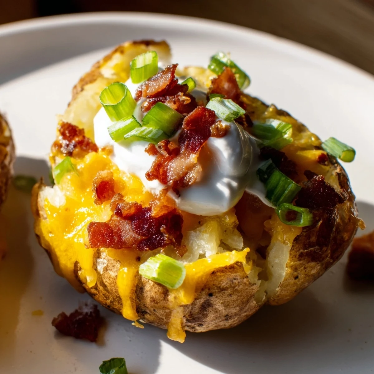 Golden-brown Crispy Potato Skins topped with scallions, served warm on a rustic wooden board for a game day snack.