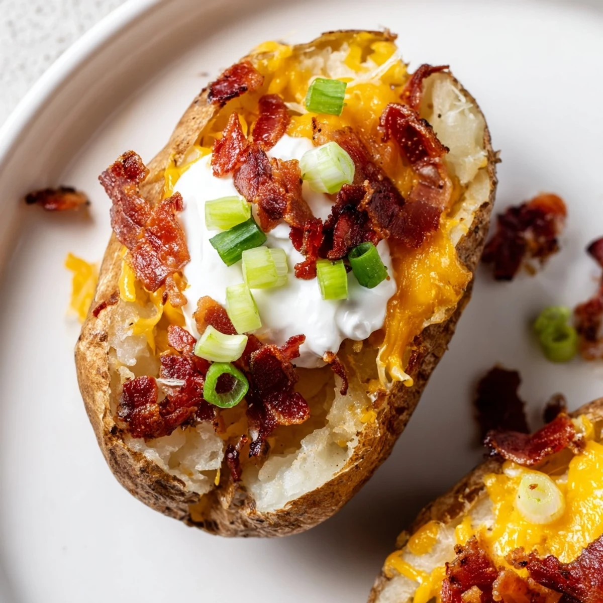 Freshly baked Crispy Potato Skins loaded with melted cheddar, smoky bacon crumbles, and a dollop of cool sour cream.