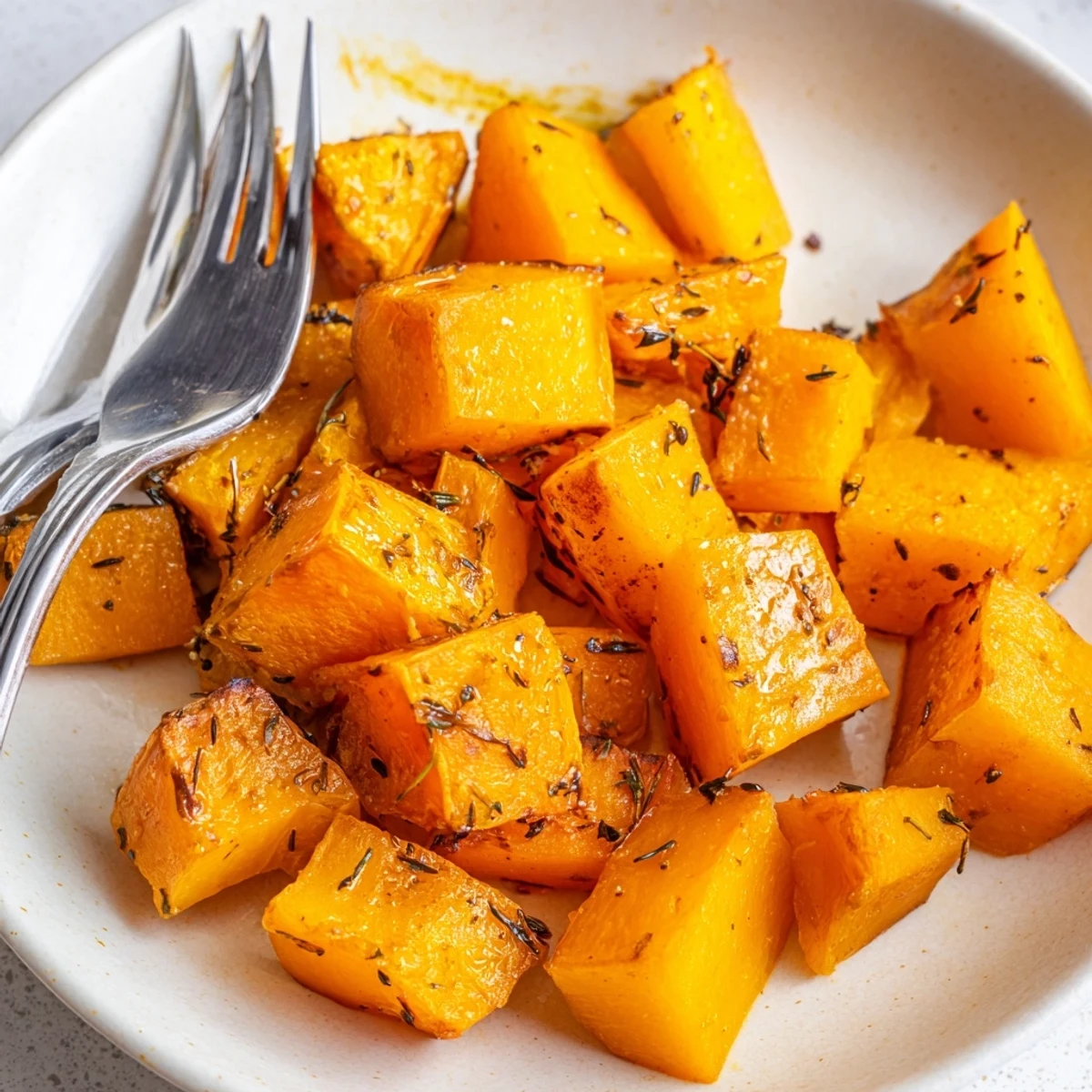 Golden roasted pumpkin cubes seasoned with thyme and smoked paprika, served hot from the oven.