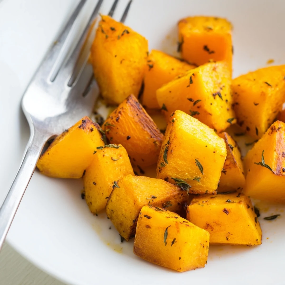 Savory roasted pumpkin cubes with a hint of paprika, perfect as a healthy vegan side dish.