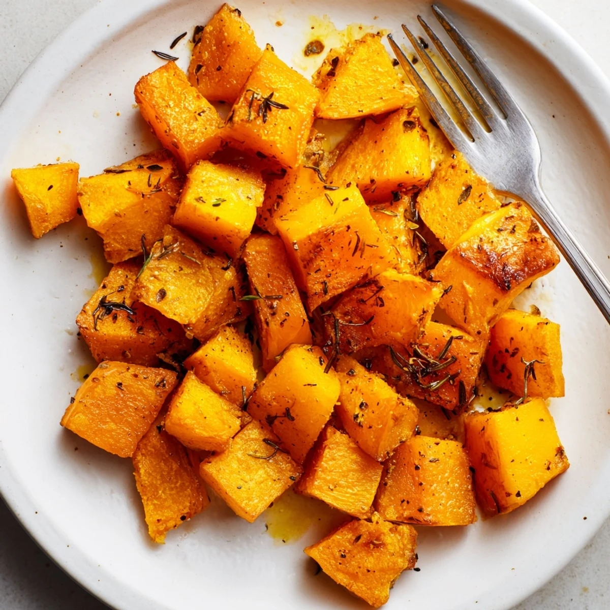 Crispy caramelized pumpkin cubes tossed in olive oil and herbs, piled high on a baking sheet.