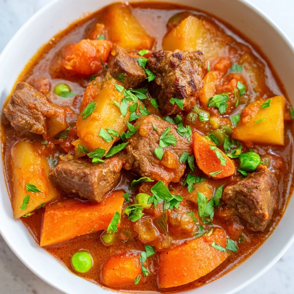 Golden-brown Beef Dish Casserole fresh from the oven, bubbling with tender beef chunks and vibrant vegetables in a rich savory sauce.