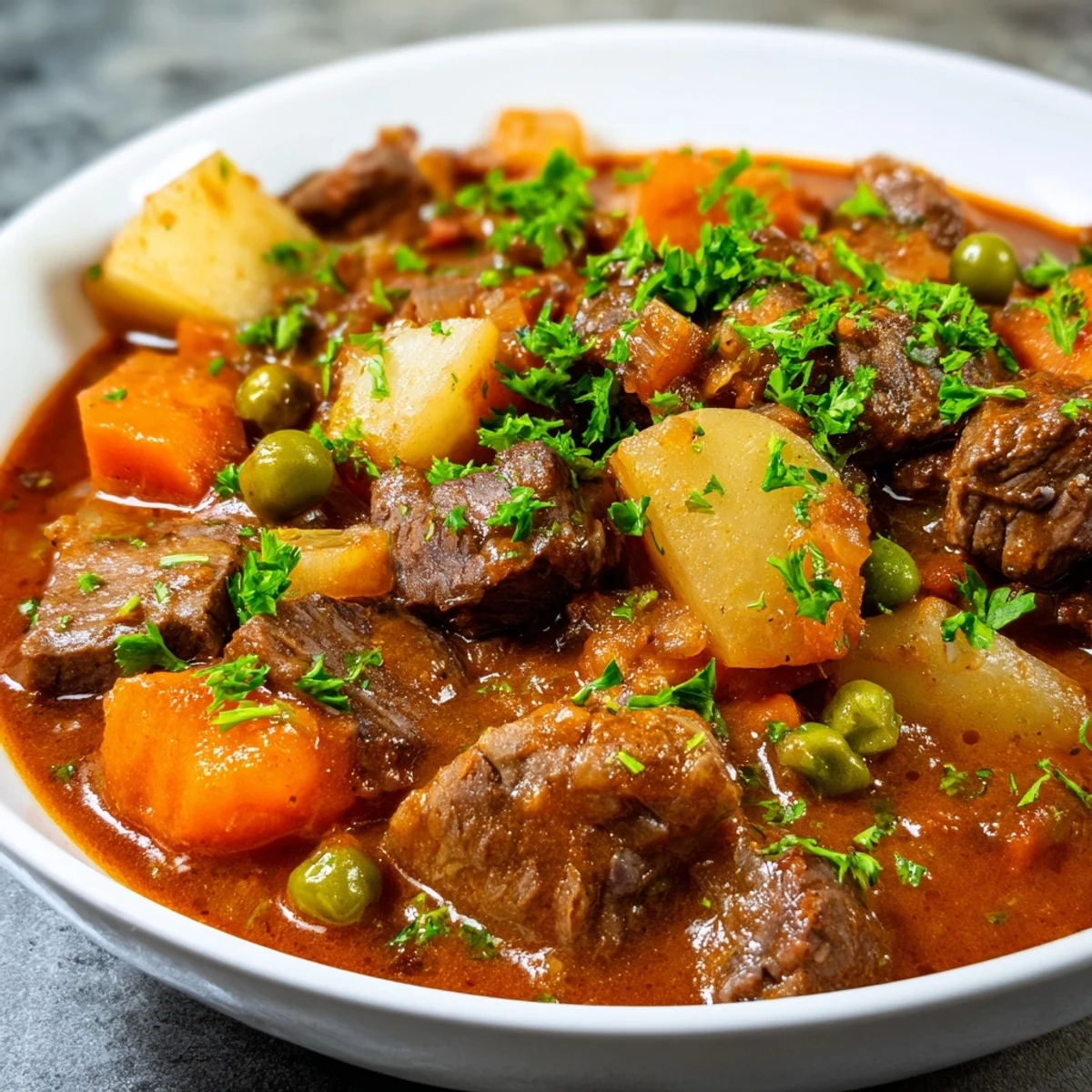 Rustic Dutch oven filled with freshly baked Beef Dish Casserole, showcasing hearty carrots, potatoes, and peas in a thick, flavorful gravy.