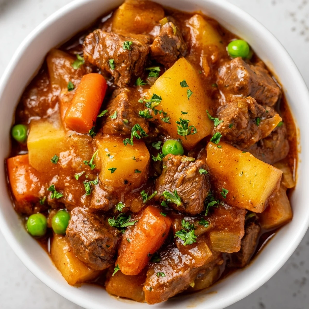 Steaming hot Beef Dish Casserole served in a white bowl, garnished with fresh parsley and ready to be enjoyed with crusty bread.