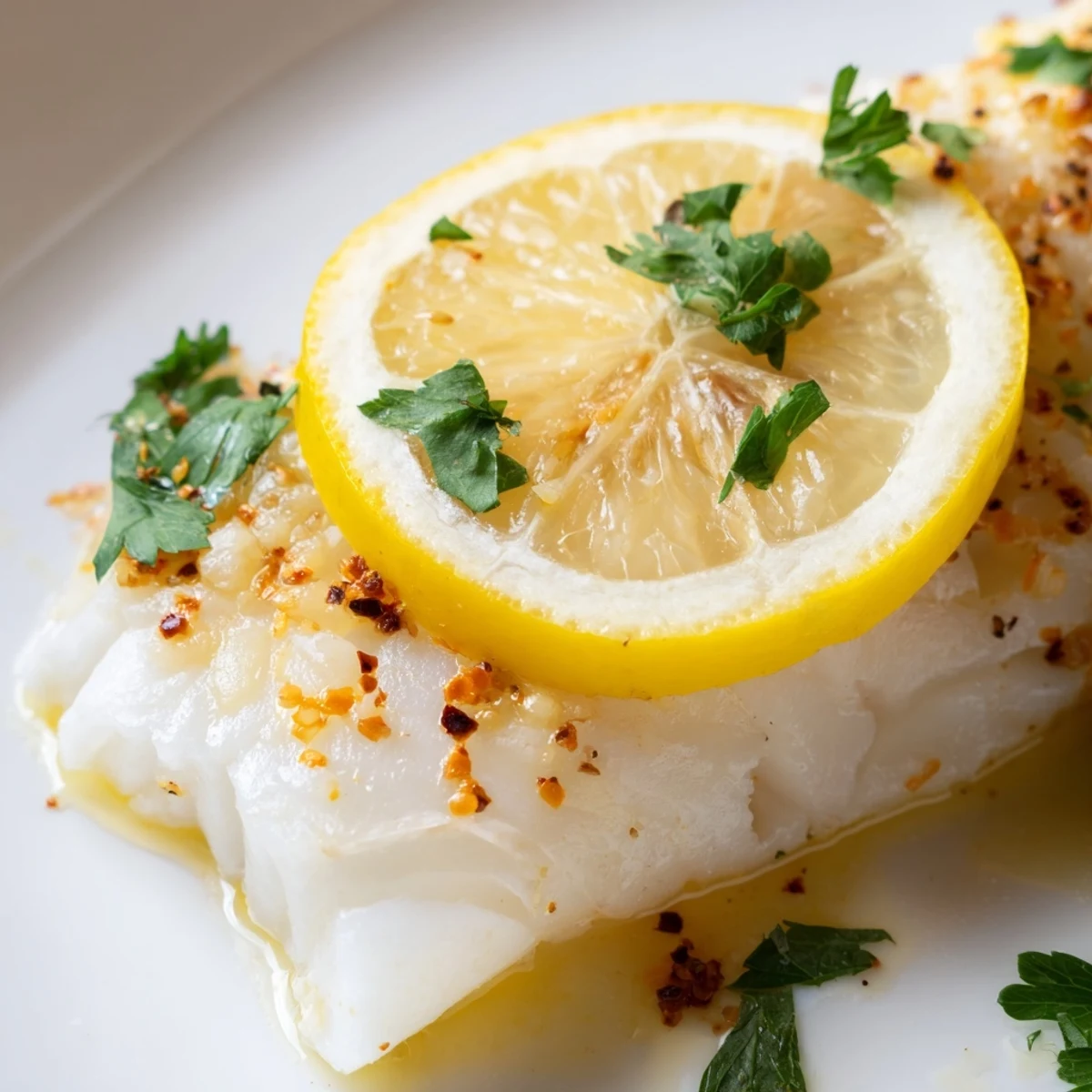 Golden-baked cod fillet with lemon slices, brushed with garlic-herb olive oil, served alongside roasted potatoes and green beans.