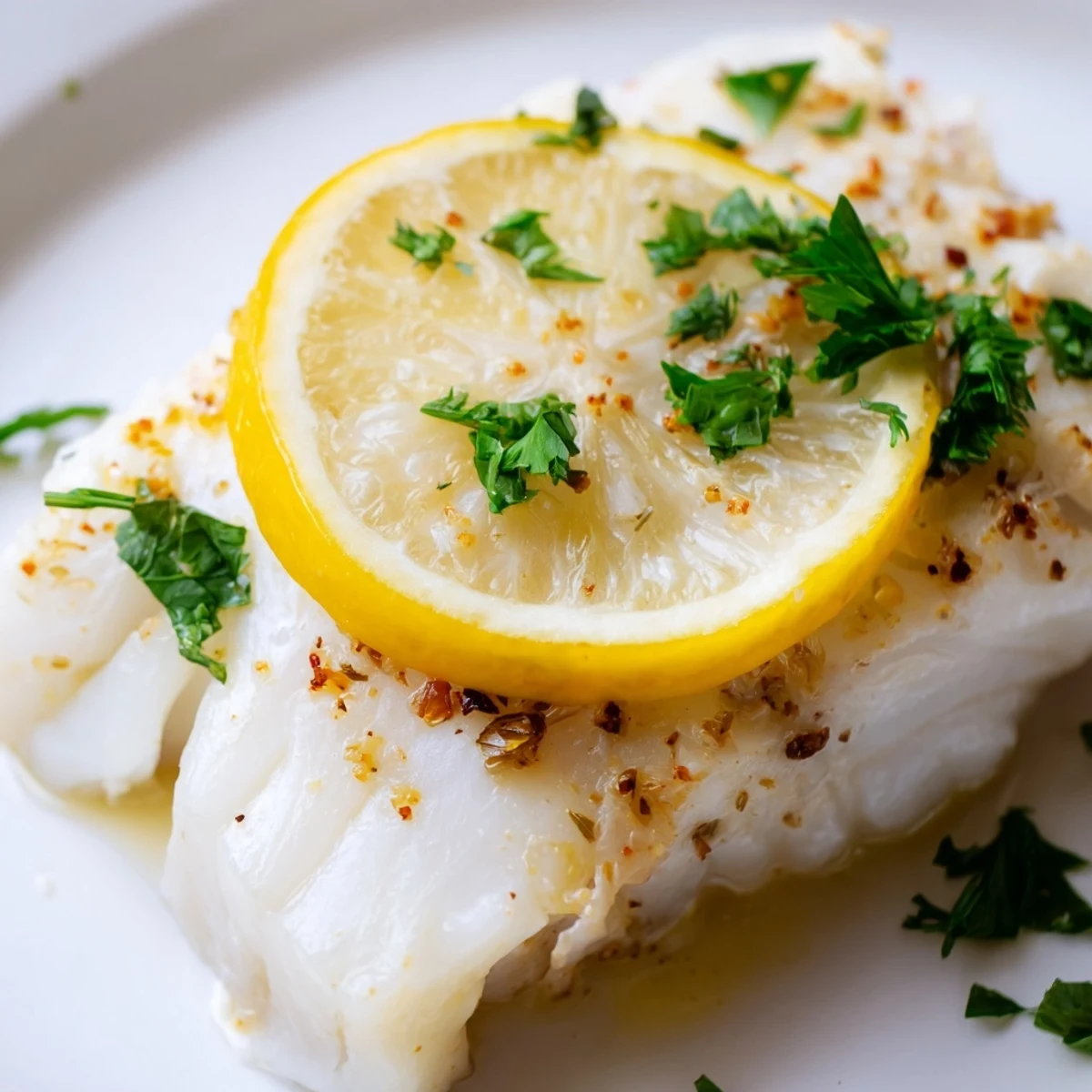 Flaky baked cod fish fillet seasoned with lemon and garlic, garnished with fresh parsley on a rustic serving platter.