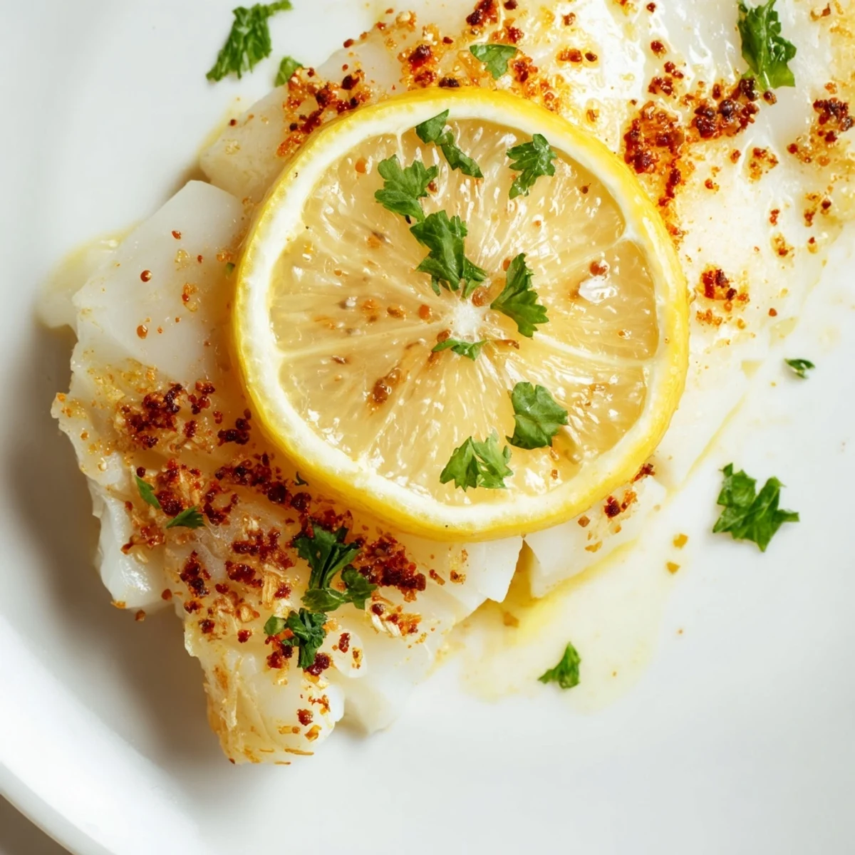 Healthy lemon garlic cod fillets baked to perfection, ready to serve with steamed rice and a drizzle of olive oil.