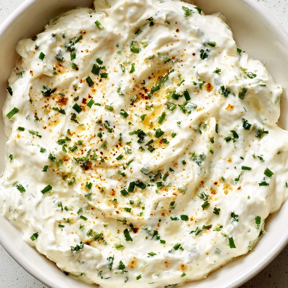 A close-up of the Creamy Dip Bowl garnished with fresh chives and paprika, paired with crisp veggies and crackers.