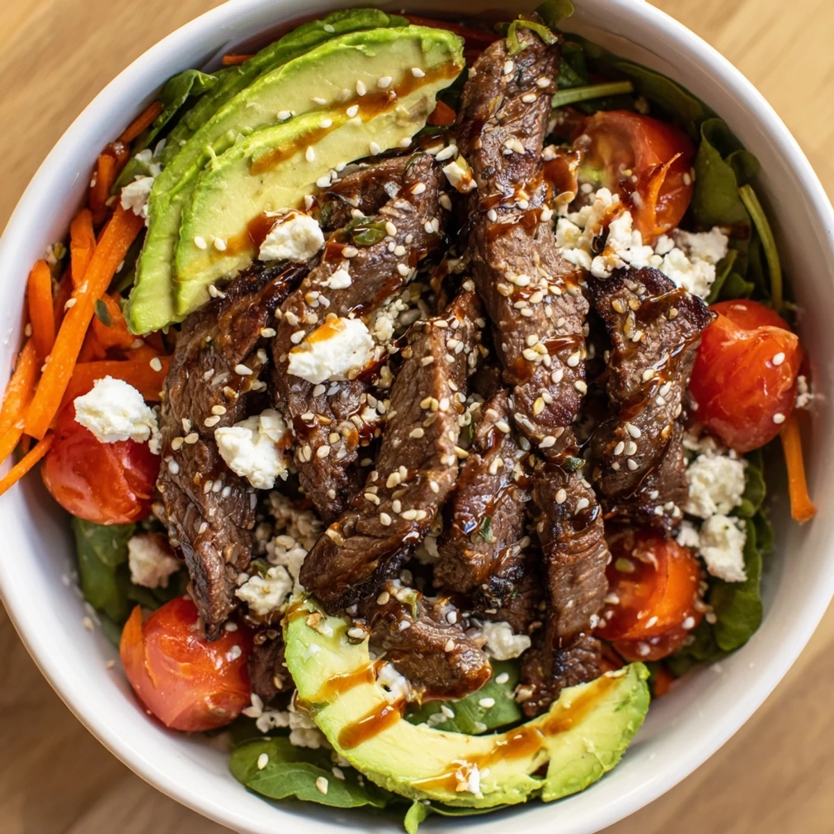 Sliced tender beef and crisp vegetables in a bowl with a drizzle of balsamic dressing for lunch.