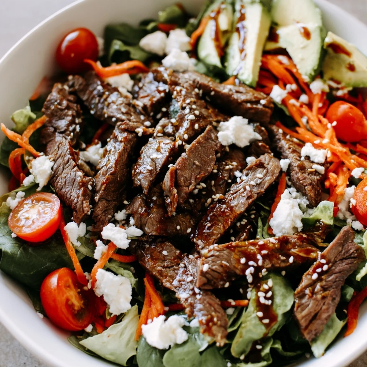 Freshly seared beef strips rest atop mixed greens, cucumber, and avocado in this vibrant Beef Salad Bowl.