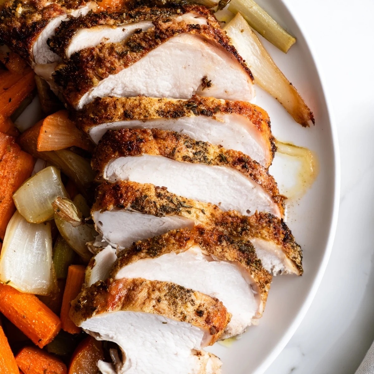 Golden-brown, crispy skinned Turkey Pan Roast nestled among roasted carrots, onions, and celery on a baking sheet.