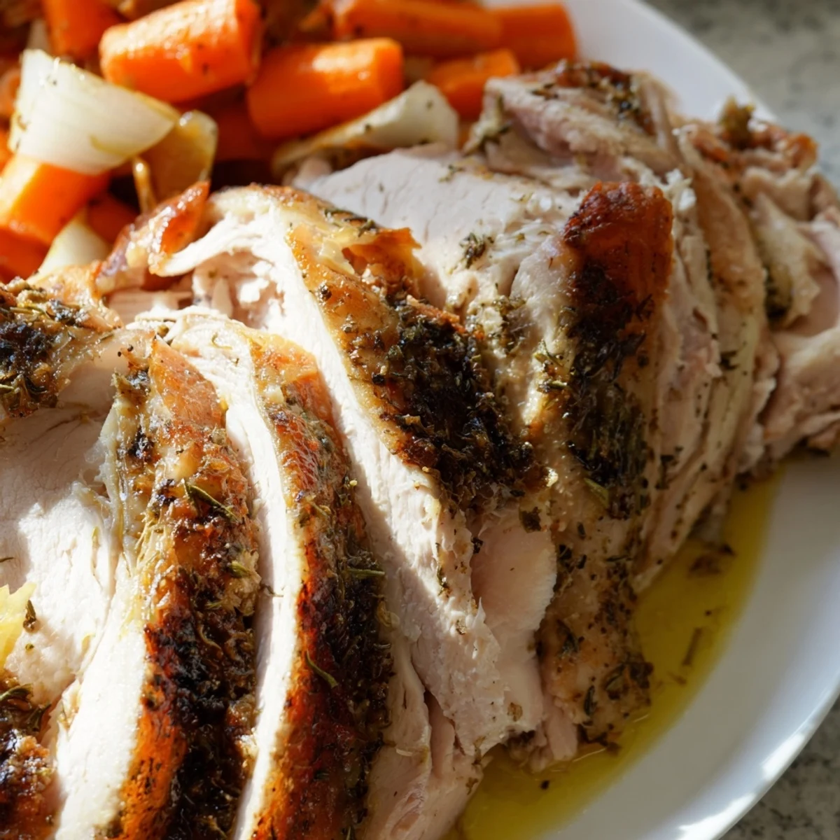 Freshly roasted Turkey Pan Rest emerging from the oven with steam rising from the aromatic herbs and vegetables.