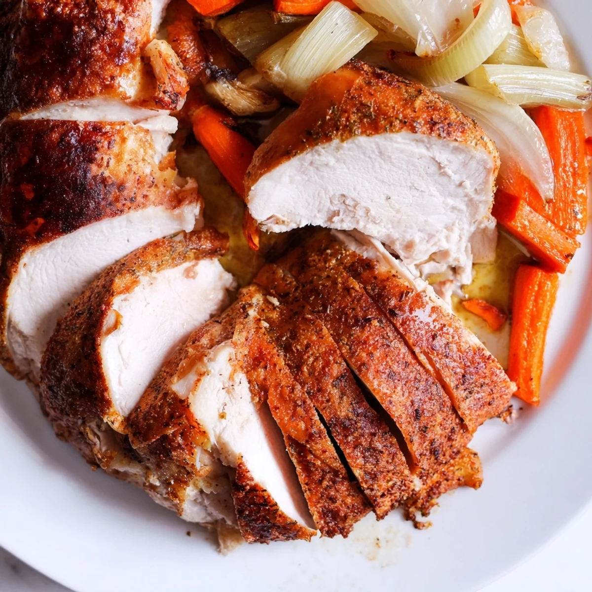 Sliced Turkey Pan Roast plated with tender vegetables and a drizzle of savory pan juices for a family dinner.