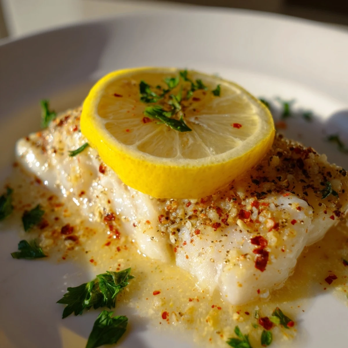 Freshly baked fish fillets in lemon butter sauce with golden edges and chopped parsley garnish, served on a white plate.