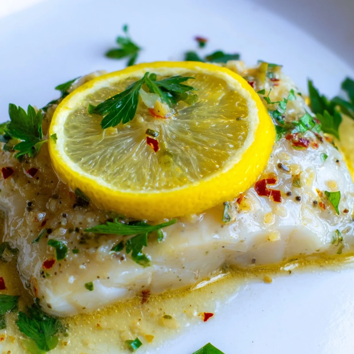 Perfectly baked cod fillets in lemon butter sauce garnished with fresh parsley and lemon slices for a quick weeknight dinner.
