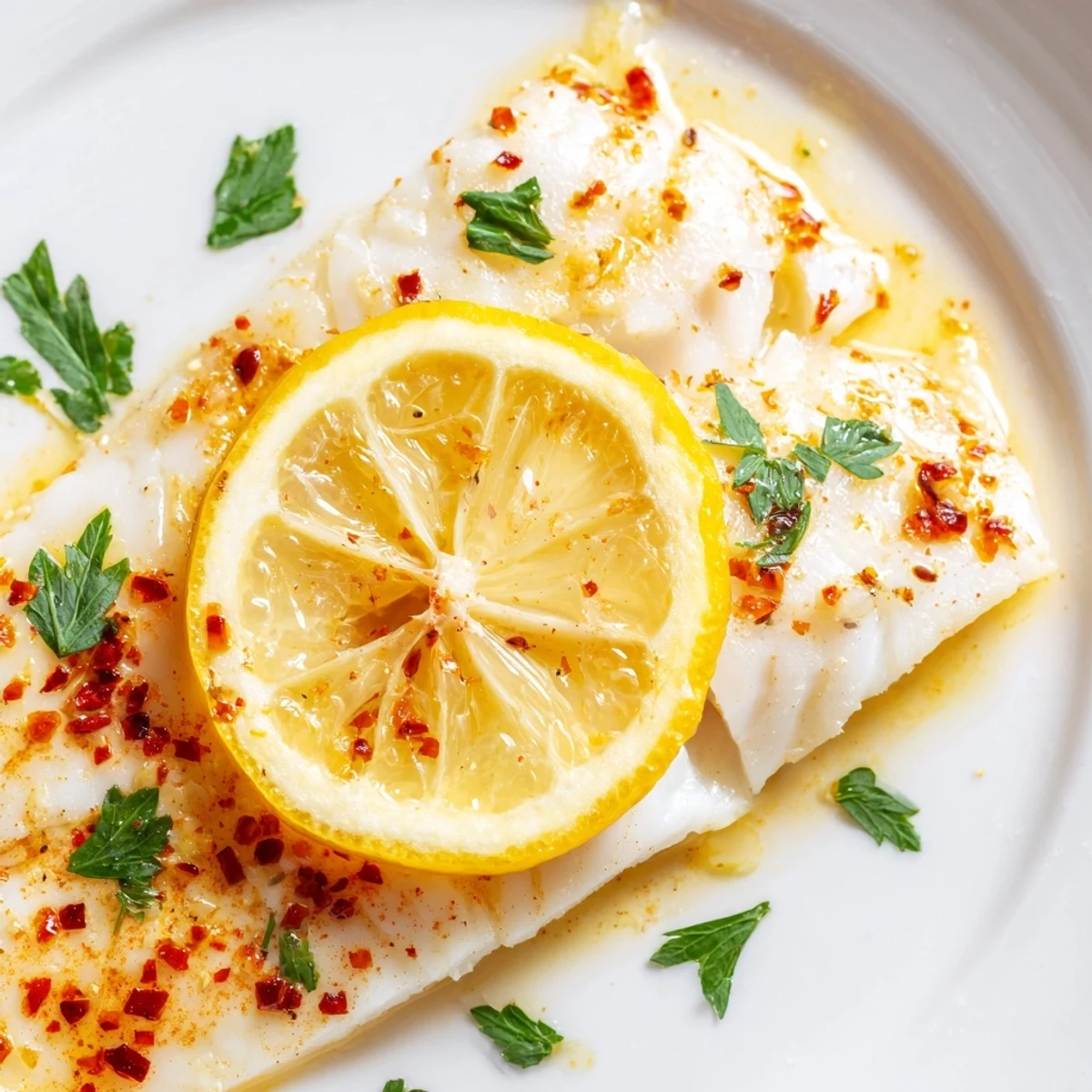 Flaky white fish baked with zesty lemon butter sauce, garnished with parsley, paired with steamed vegetables for a gluten-free meal.