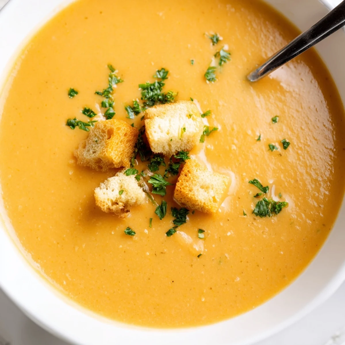 Creamy Soup Bowl garnished with parsley and croutons, served steaming hot in a rustic ceramic bowl.