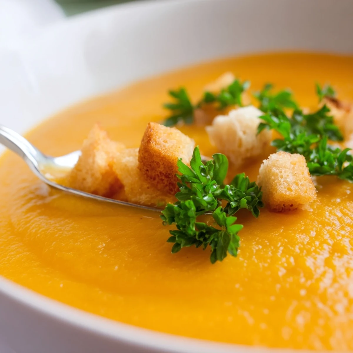 A close-up of velvety Creamy Soup Bowl, loaded with tender carrots and potatoes for a cozy meal.