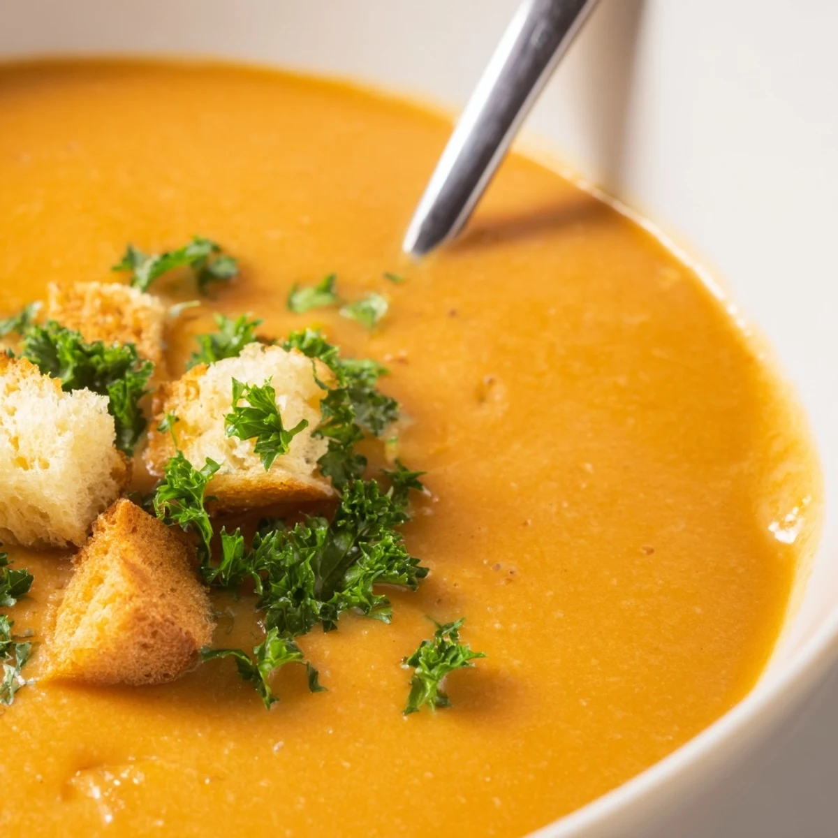 Rich Creamy Soup Bowl in a white bowl, finished with fresh parsley and golden croutons on top.