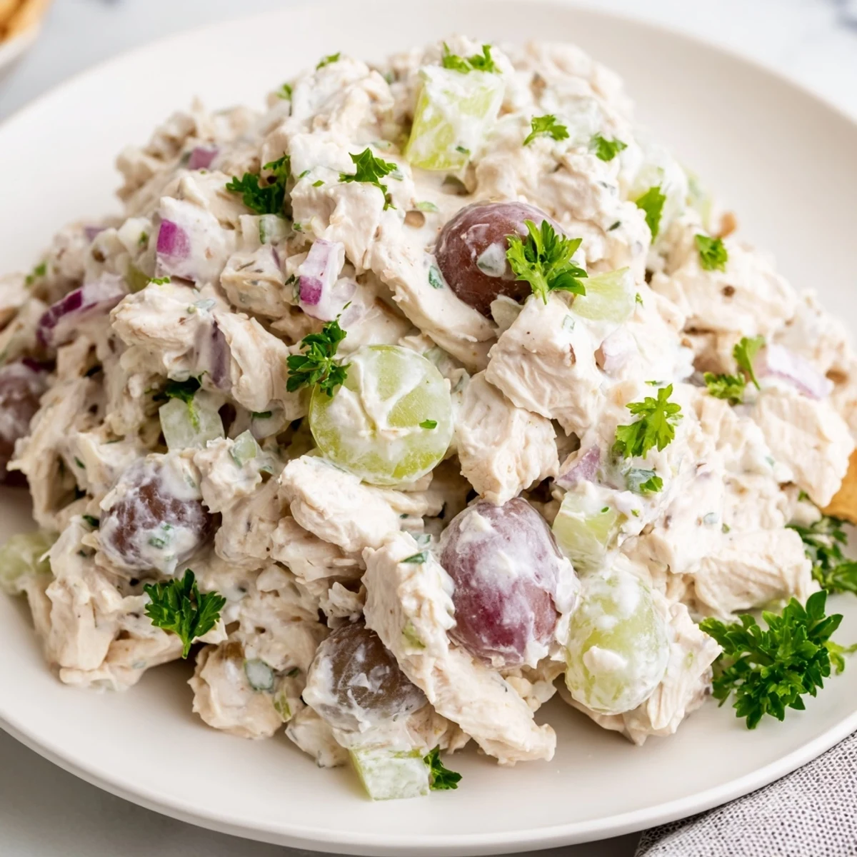 Creamy Chicken Salad Scoop served in a croissant with fresh dill and grapes on a rustic wooden board.