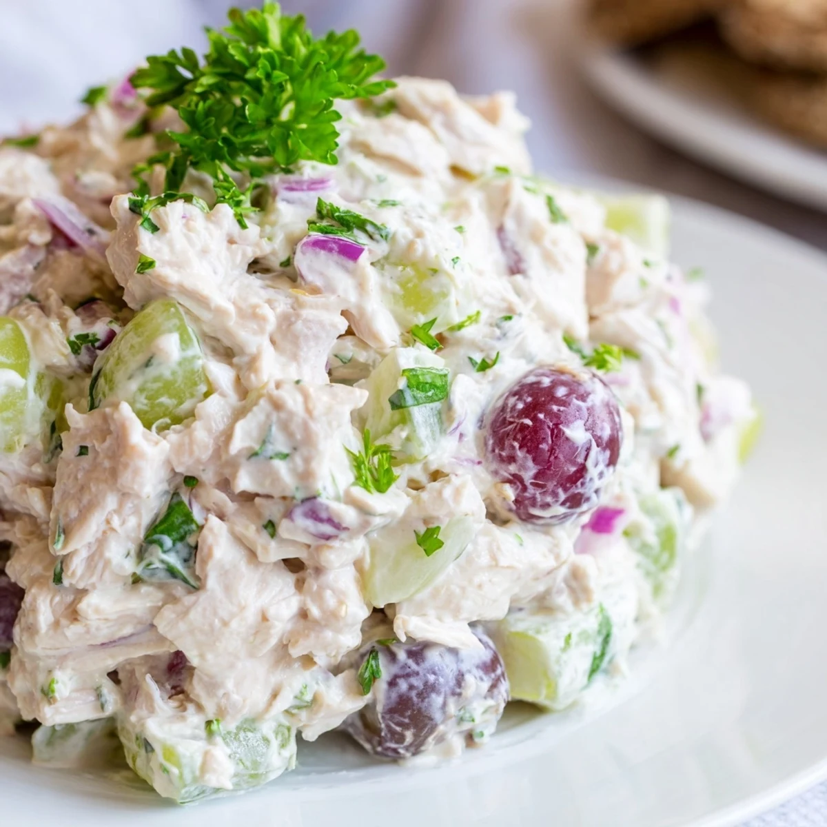 Homemade Chicken Salad Scoop on buttery crackers, topped with halved grapes and a sprinkle of black pepper.