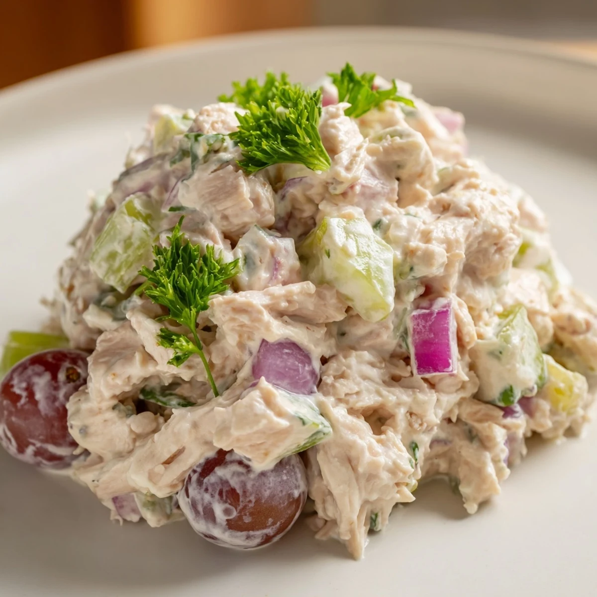 A bright bowl of Chicken Salad Scoop with crunchy celery, red onion, and parsley, ready for lettuce wraps.