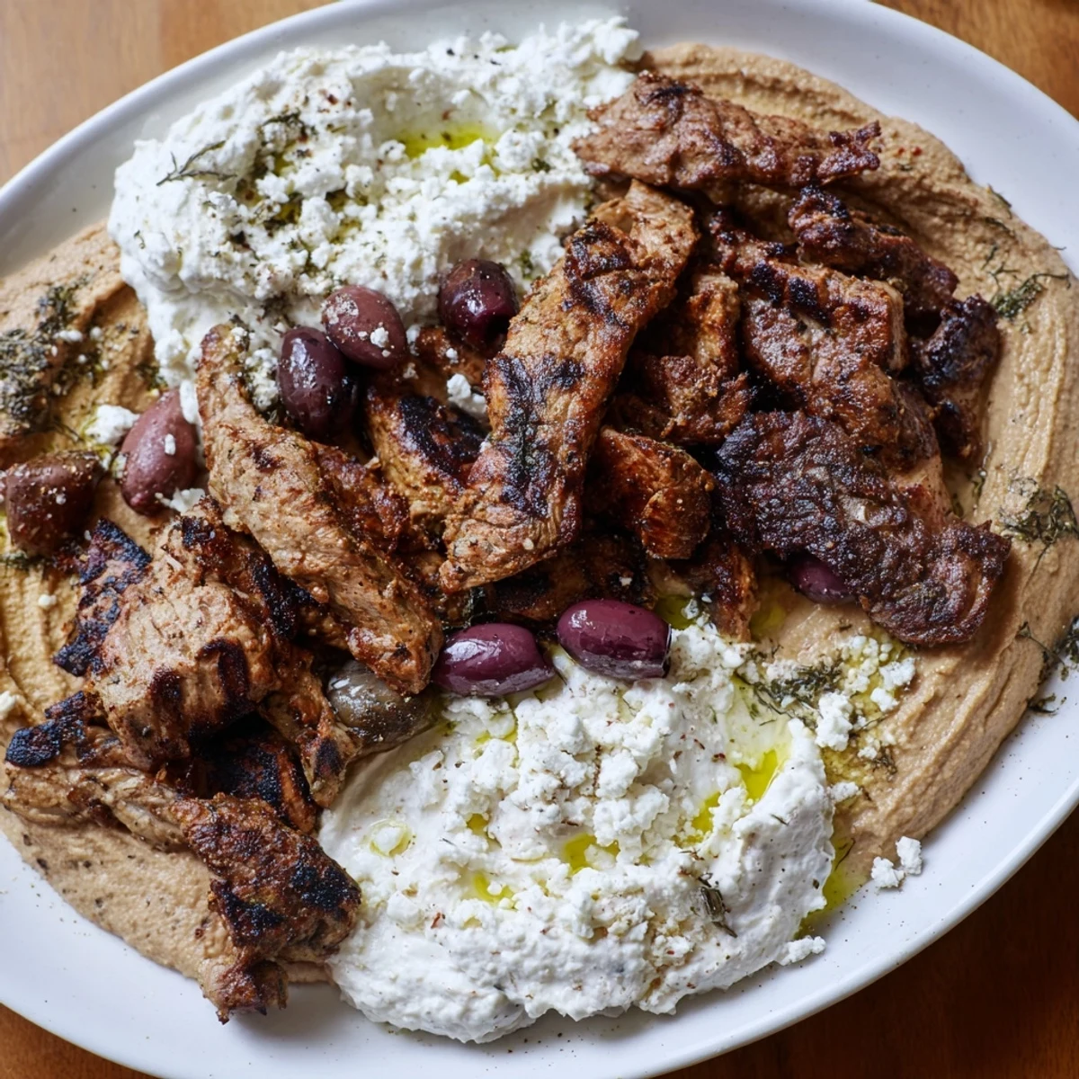 A vibrant Mediterranean Dish Platter showcases grilled meat strips, creamy hummus, fresh vegetables, and warm pita bread for sharing.