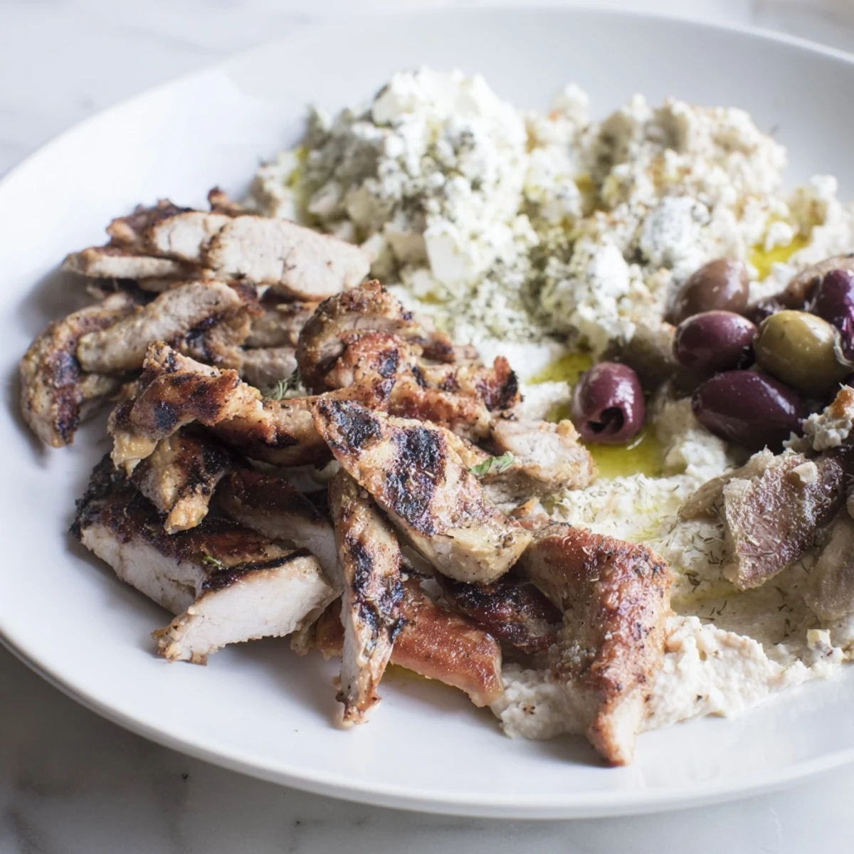 On a rustic board, the Mediterranean Dish Platter presents colorful veggies, marinated olives, feta, and dips alongside juicy grilled meats.