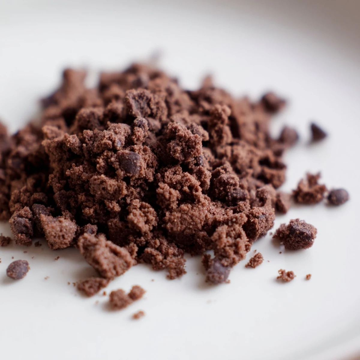Freshly baked chocolate cookie crumble in rustic golden-edged clusters on a baking sheet.