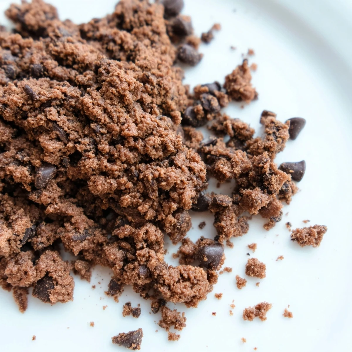 Chocolate cookie crumble with rich semisweet chocolate chips on a white marble counter.