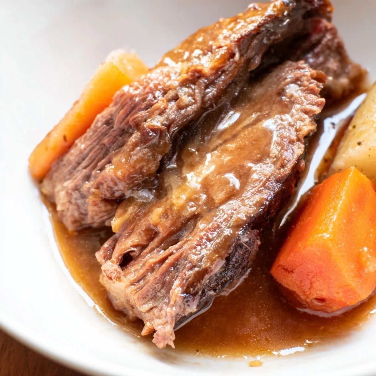 Tender Slow Cooker Beef Roast served with roasted carrots and potatoes on a rustic plate.