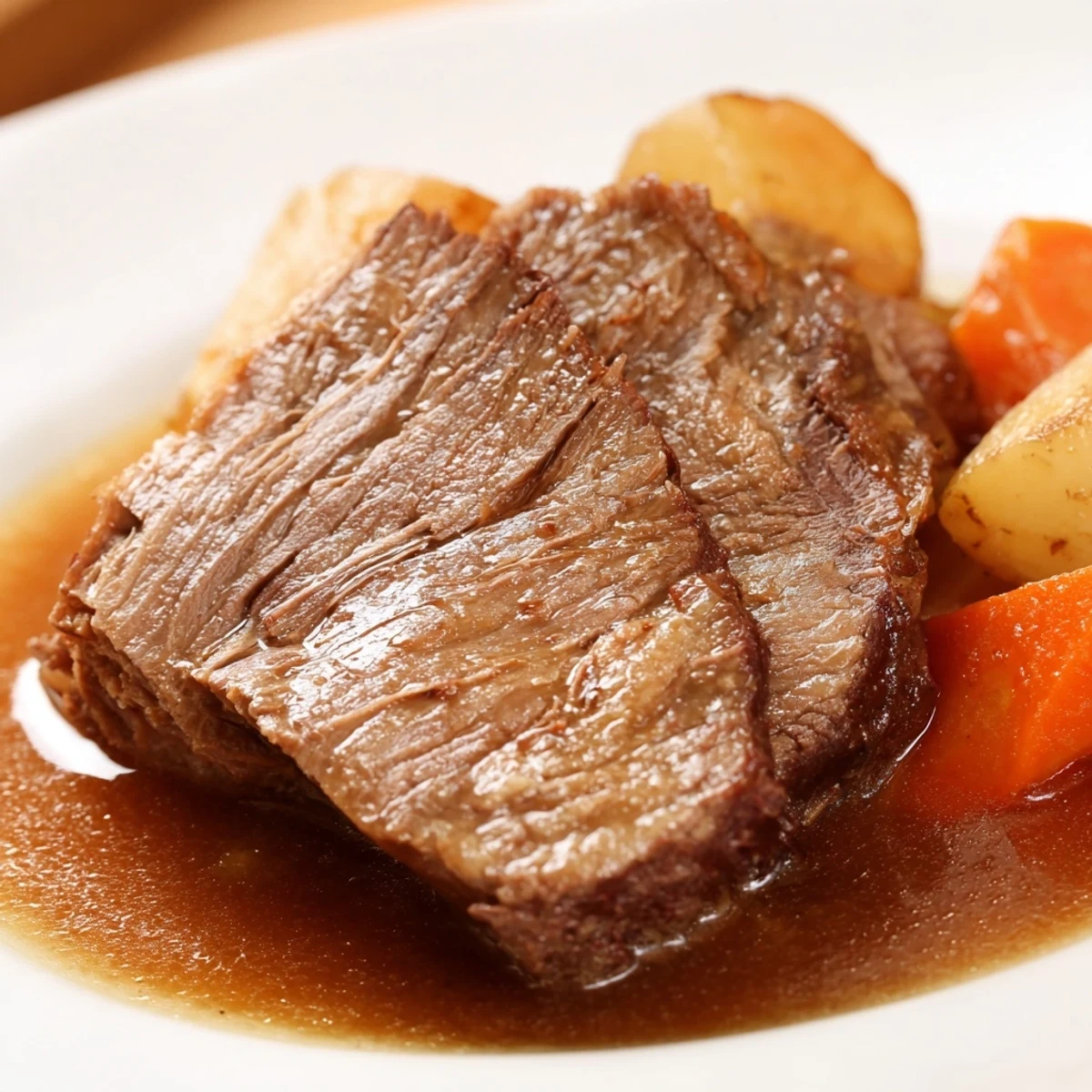 Fall-apart Slow Cooker Beef Roast drizzled with savory juices and fresh herbs in a slow cooker.