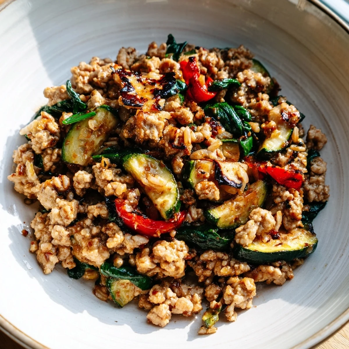 Freshly roasted bell peppers and zucchini mingle with savory ground turkey and fluffy brown rice in these Turkey Meal Prep containers.