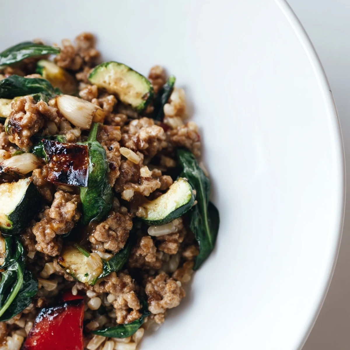 A close-up of Turkey Meal Prep shows wilted spinach mixed into the seasoned turkey, ready for healthy weekday lunches.