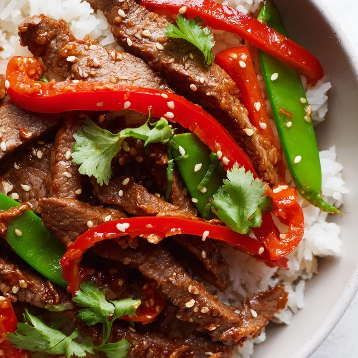 Tender beef strips glazed in a spicy sauce are served over steamed jasmine rice with crisp snap peas and red bell peppers in this Spicy Beef Bowl. 