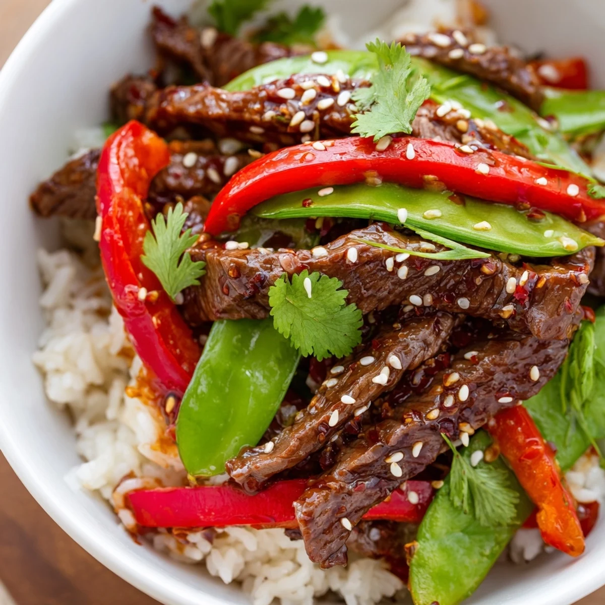 An overhead view of a colorful Spicy Beef Bowl features saucy beef, julienned carrots, and snap peas alongside fluffy rice for an easy weeknight meal.