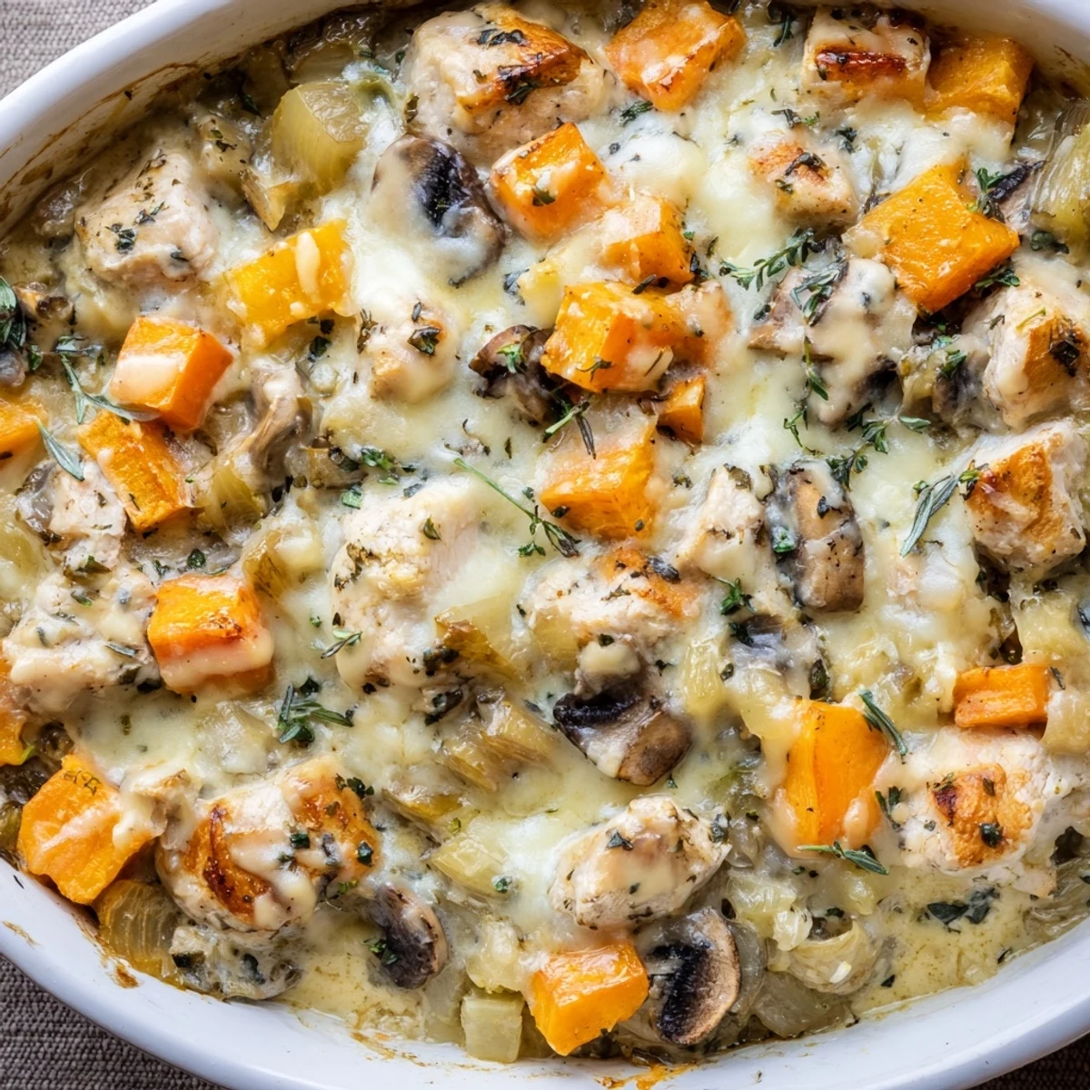 Fresh herbs garnish the warm Winter Dish Casserole, served alongside a crisp green salad for dinner.