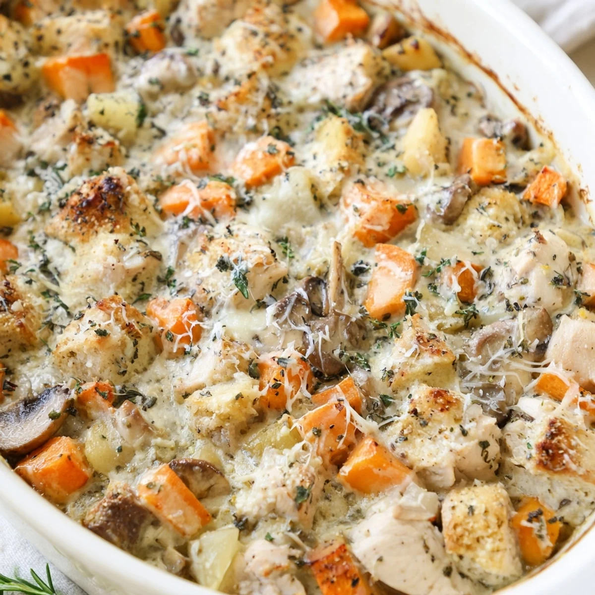 Golden, bubbly cheese tops the Winter Dish Casserole, revealing creamy chicken and roasted root vegetables inside.