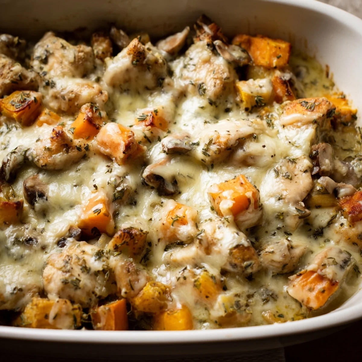 Steam rises from the hearty Winter Dish Casserole, filled with tender chicken, mushrooms, and parsnips.