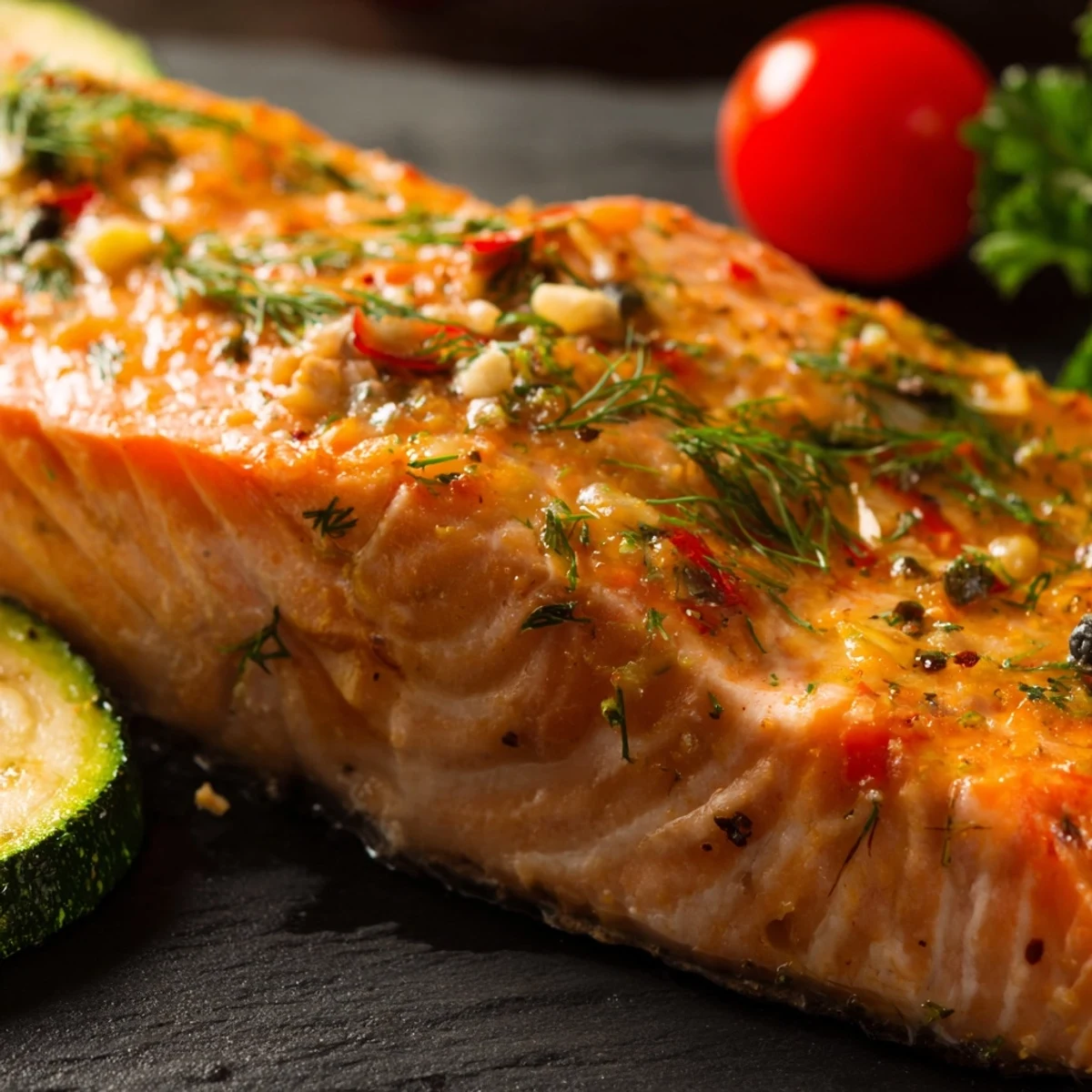 Golden-brown baked salmon platter garnished with fresh dill, lemon wedges, and roasted red bell peppers, zucchini, and cherry tomatoes on a rustic wooden board.