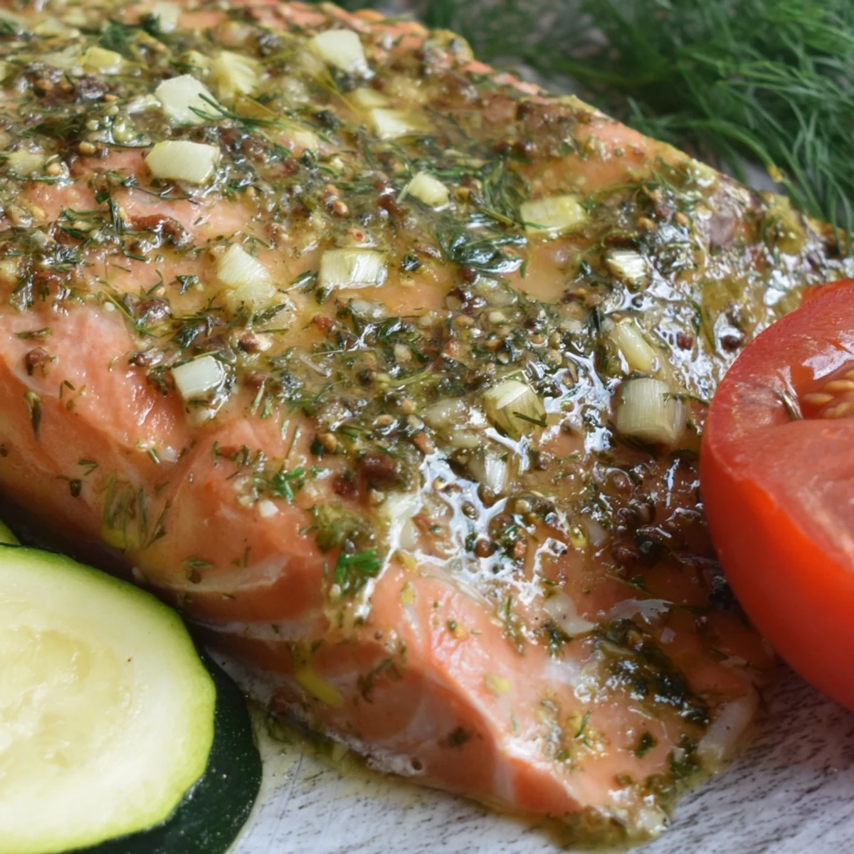 Tender herb-crusted baked salmon fillets flake easily alongside colorful roasted vegetables, drizzled with a bright lemon and olive oil glaze.