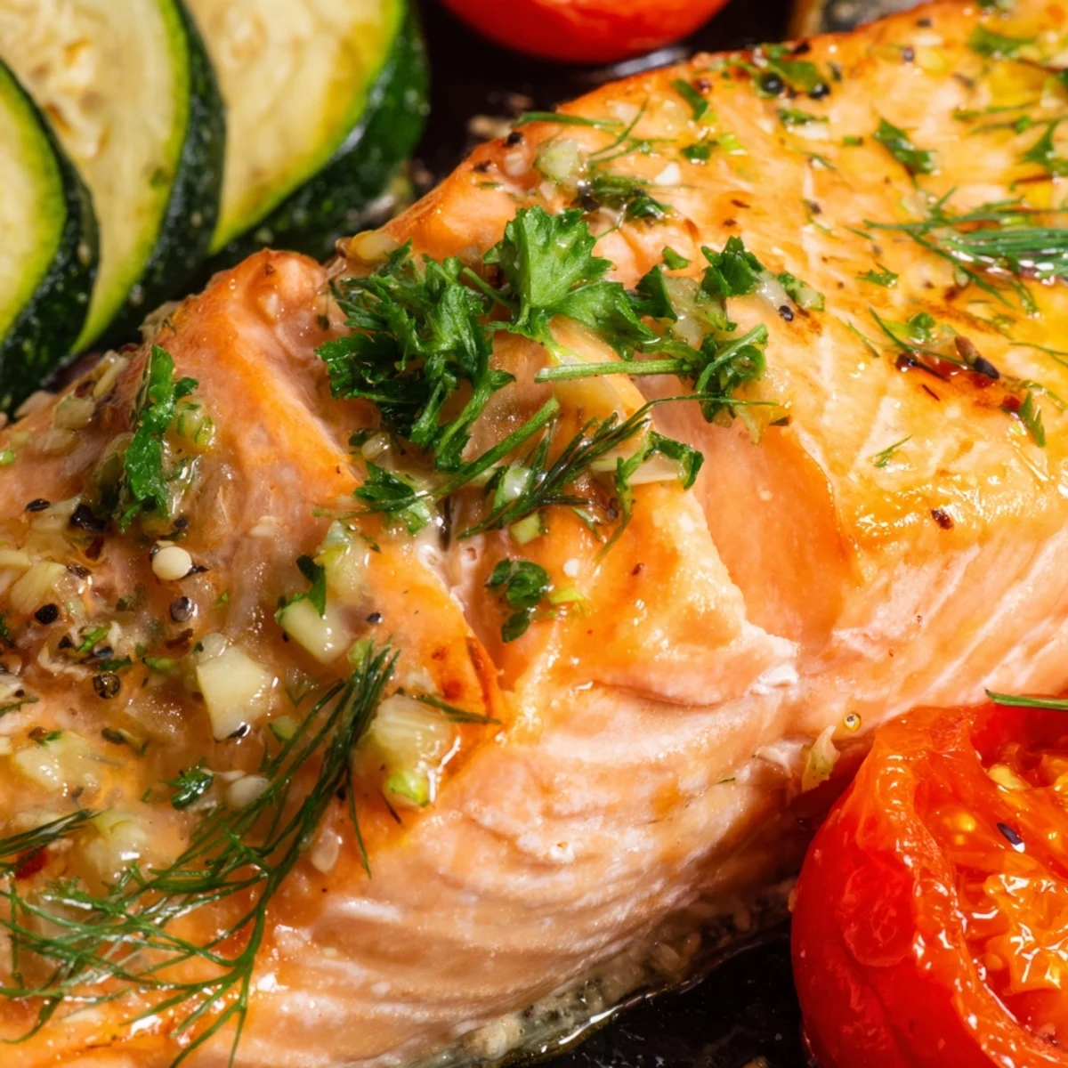 Healthy gluten-free baked salmon platter served with a vibrant medley of oven-roasted veggies, perfect for an elegant family dinner or entertaining.