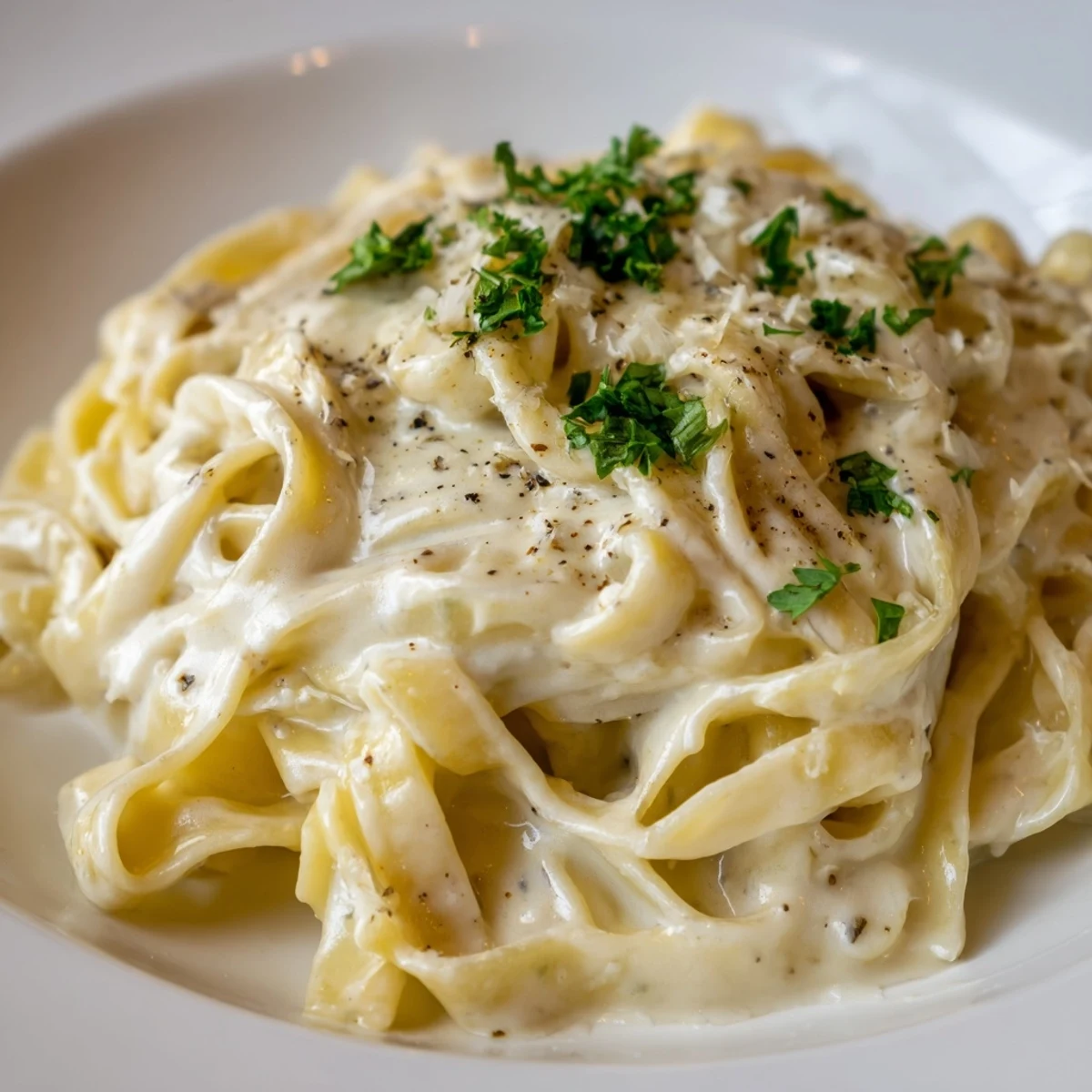Steam rises from a bowl of Creamy Dish Pasta, with glossy Parmesan sauce coating penne and fresh parsley garnish.