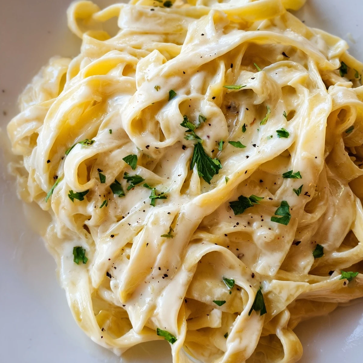 Creamy Dish Pasta served with golden garlic bread, steamed broccoli, and a glass of white wine on a rustic wooden table.