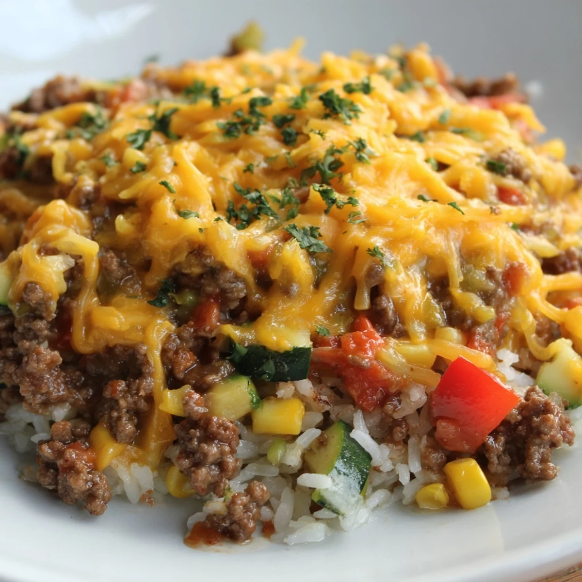Sizzling ground beef simmers with colorful vegetables and fluffy rice in a seasoned tomato sauce, ready to serve.