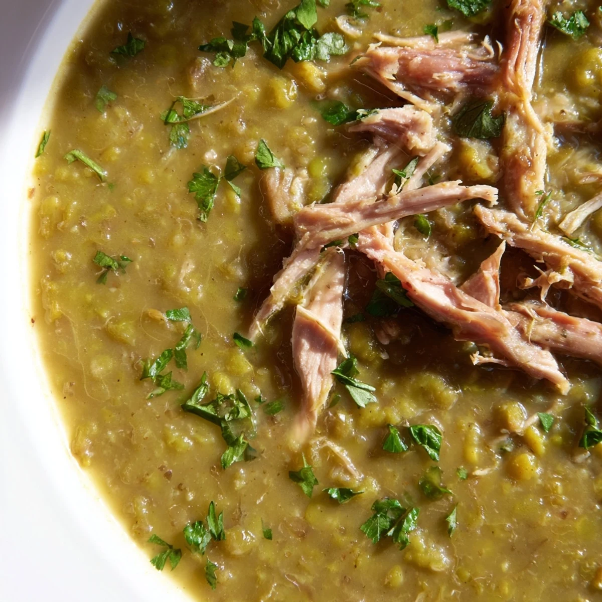 A close-up of Green Split Pea Soup with Smoked Turkey in a rustic bowl, garnished with fresh parsley and a spoon resting beside it.