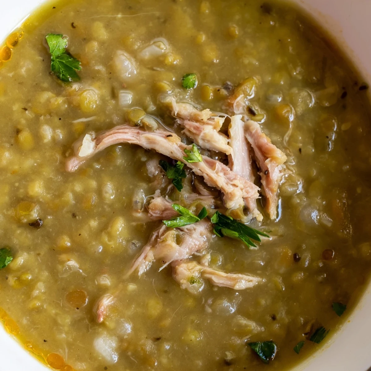 A ladleful of Green Split Pea Soup with Smoked Turkey being poured from a large pot, revealing its thick, creamy texture.